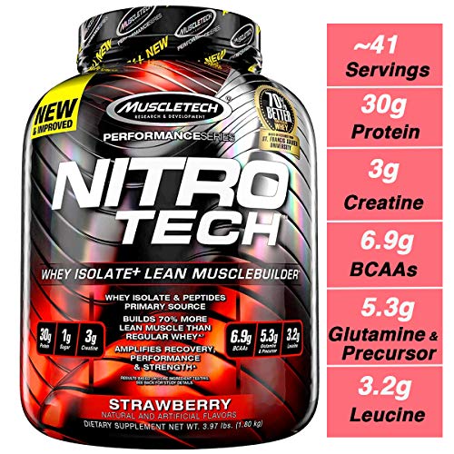 MuscleTech NitroTech Protein Powder Plus Muscle Builder, 100% Whey Protein with Whey Isolate, Strawberry, 40 Servings (4lbs)