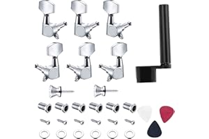 Canomo 6 Pieces Sealed Guitar Tuning Pegs Keys 3 Left 3 Right Guitar Machine Heads Knobs Tuner With Strap Button Locks, Picks and Guitar String Winder for Electric or Acoustic Guitar (Silver)