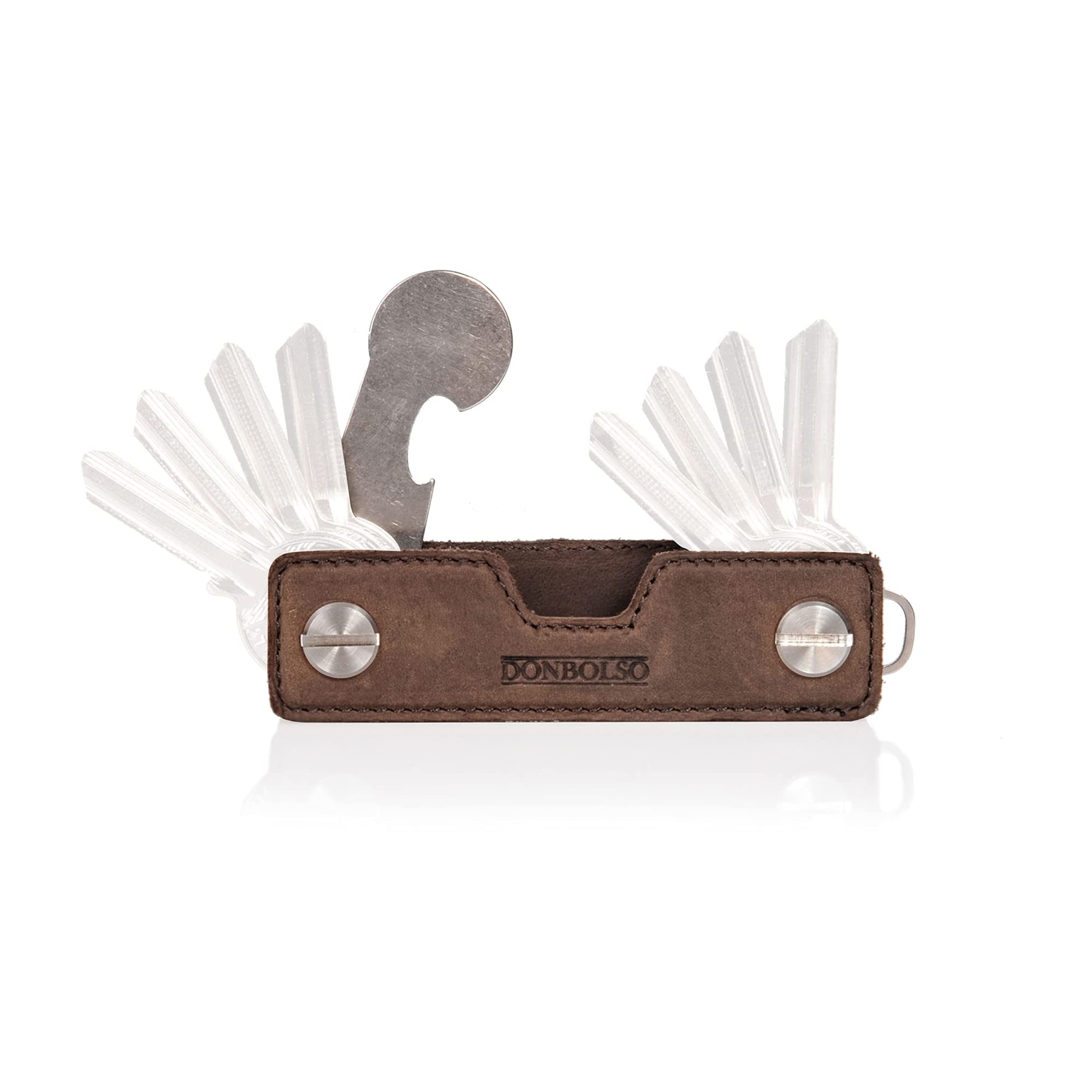 DONBOLSO Key Organiser Double I Compact Key Holder with Shopping Cart Chip I Leather Case for 2-14 Keys I Stainless Steel Screw I Brown Vintage
