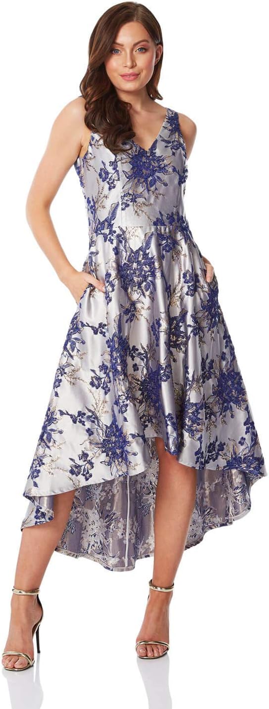 Women Metallic Jacquard Floral Print Dress - Ladies Rose Flower Midi Formal A-line Fit & Flare High Low Asymmetric Dip Hem Pocket Ball Gown