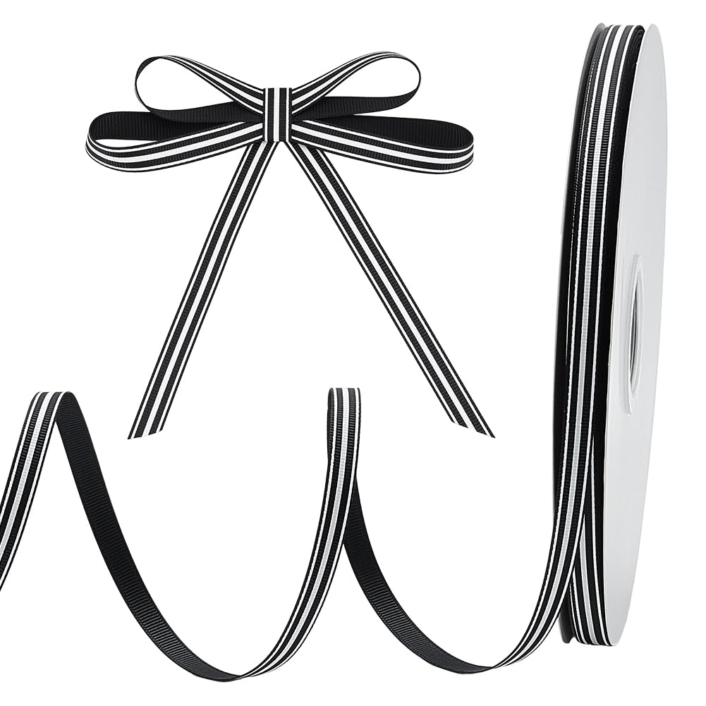 OLYCRAFT 100 Yards 3/8" Stripe Styles Ribbons Grosgrain Satin Fabric Ribbon for Gift Wrapping Floral Arrangements Hair Bows Sewing Wedding Party Decoration - Black & White