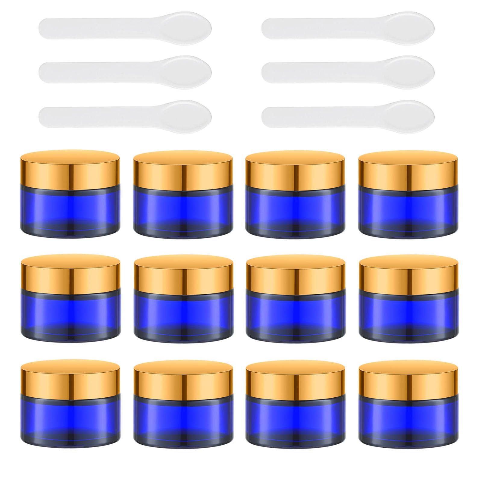 Photo 1 of Lil Ray 1 oz Round Cobalt Blue Glass Jar with Inner Liners and Gold Lid (12pcs)