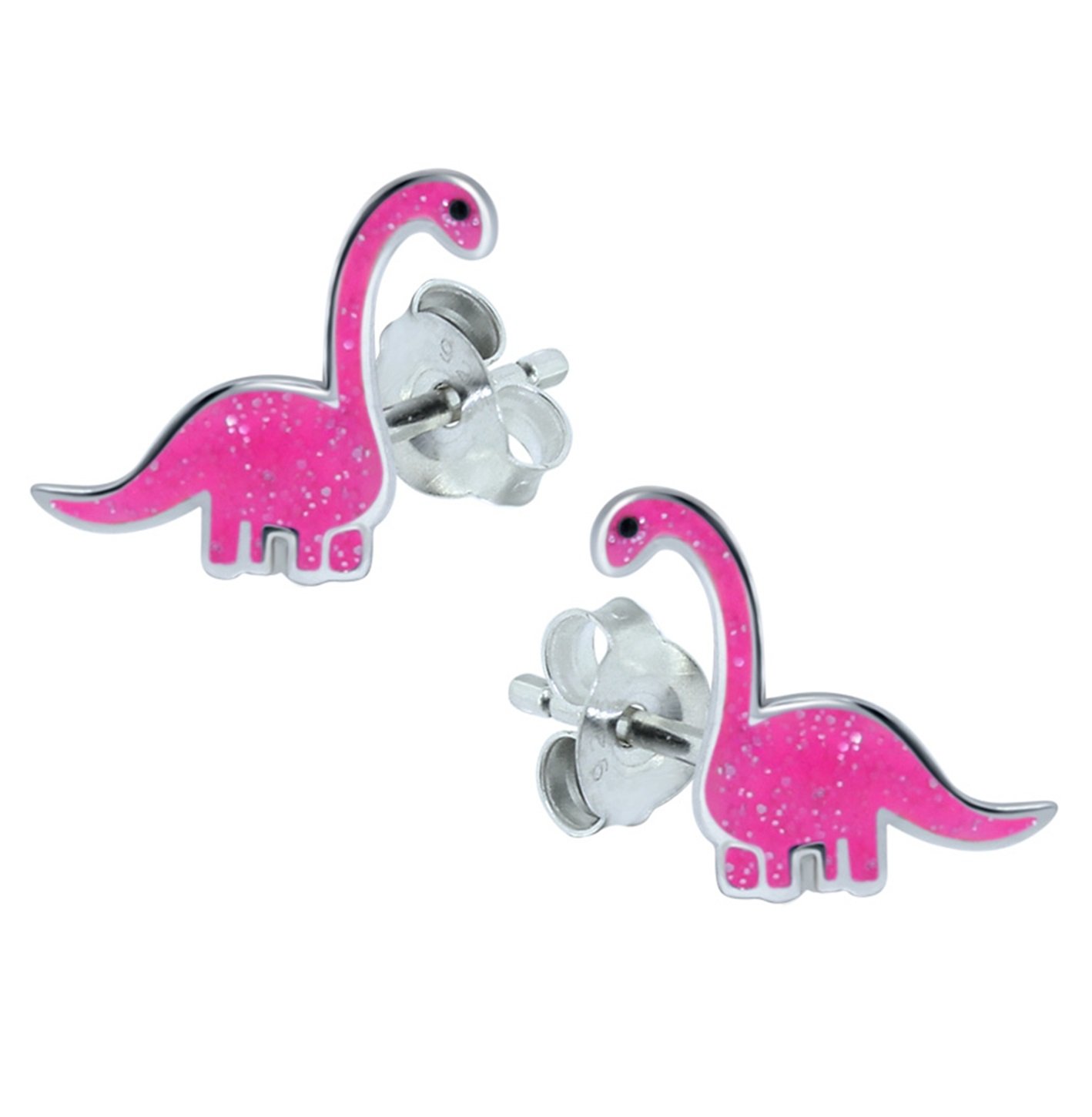 Dinosaur Earrings 925 Sterling Silver Pink Glitter Effect