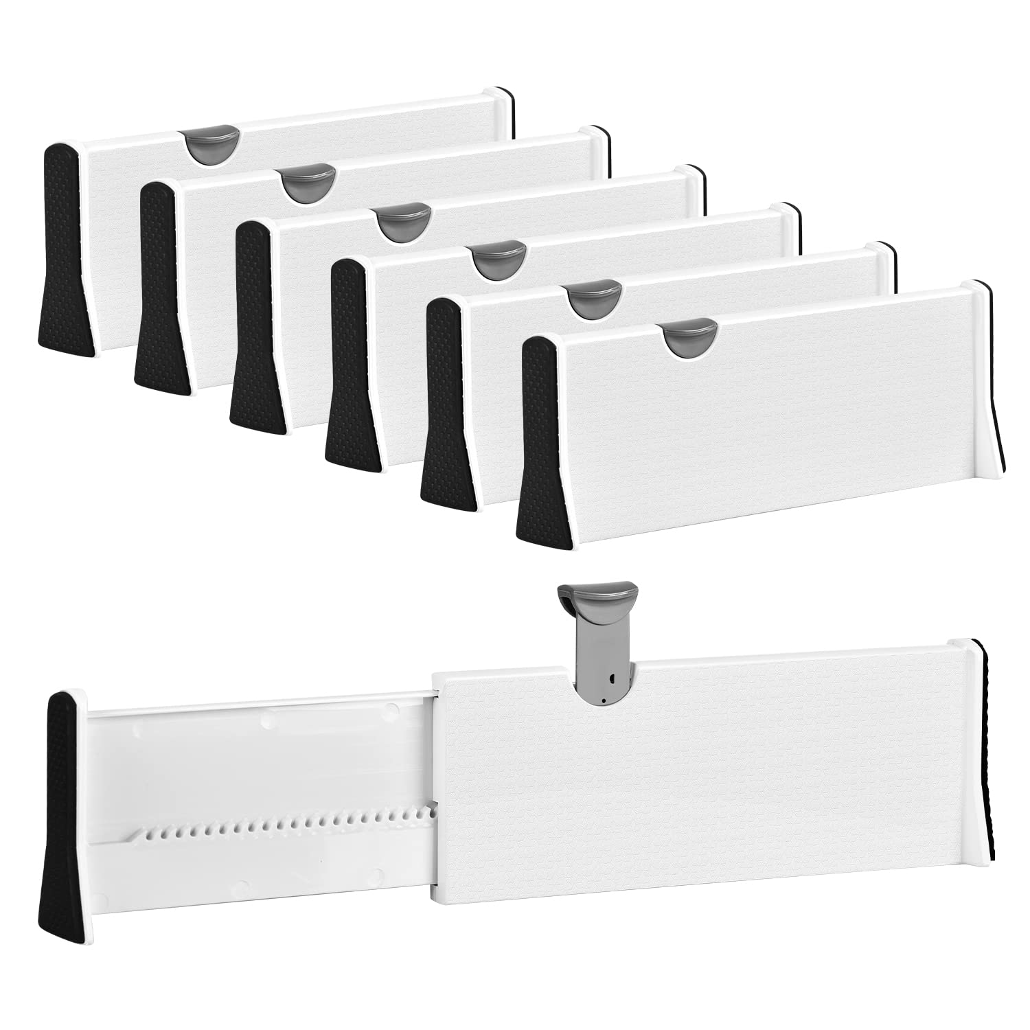 Photo 1 of JONYJ Drawer Dividers Organizer 6 Pack, Adjustable Separators 4" High Expandable from 11-17" for Bedroom, Bathroom, Closet, Clothing, Office, Strong Secure Hold, Foam Ends, Locks in Place