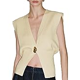 URBAN REVIVO Women's Sweater Vest Sleeveless V-Neck Knit Tops Lightweight with Gold Leaf Button Down Cardigans