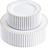 supernal 100pcs White Plastic Plates with Gold Beads - Heavy Duty Elegant Disposable Plates Set Include 50 White Plastic Dinner Plate and 50 Dessert Plate Perfect for Party,Wedding,Bridal Shower