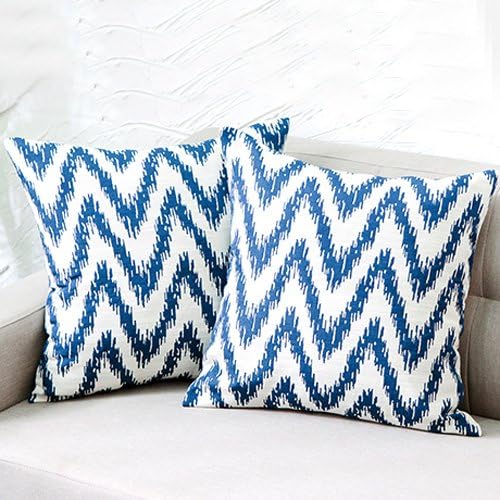 M MOCHOHOME Cotton/Linen Blend Jacquard Wave Stripe Square Decorative Throw Pillow Cover Case Pillowcase Cushion Sham - 18" x 18", Blue
