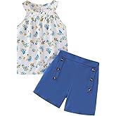 FJLSJSW Girls Clothes Summer Neck Sleeveless Floral Top & Shorts Fashion Kids 2PCS Outfits Teen Girls' Clothing Sets 7-14Y