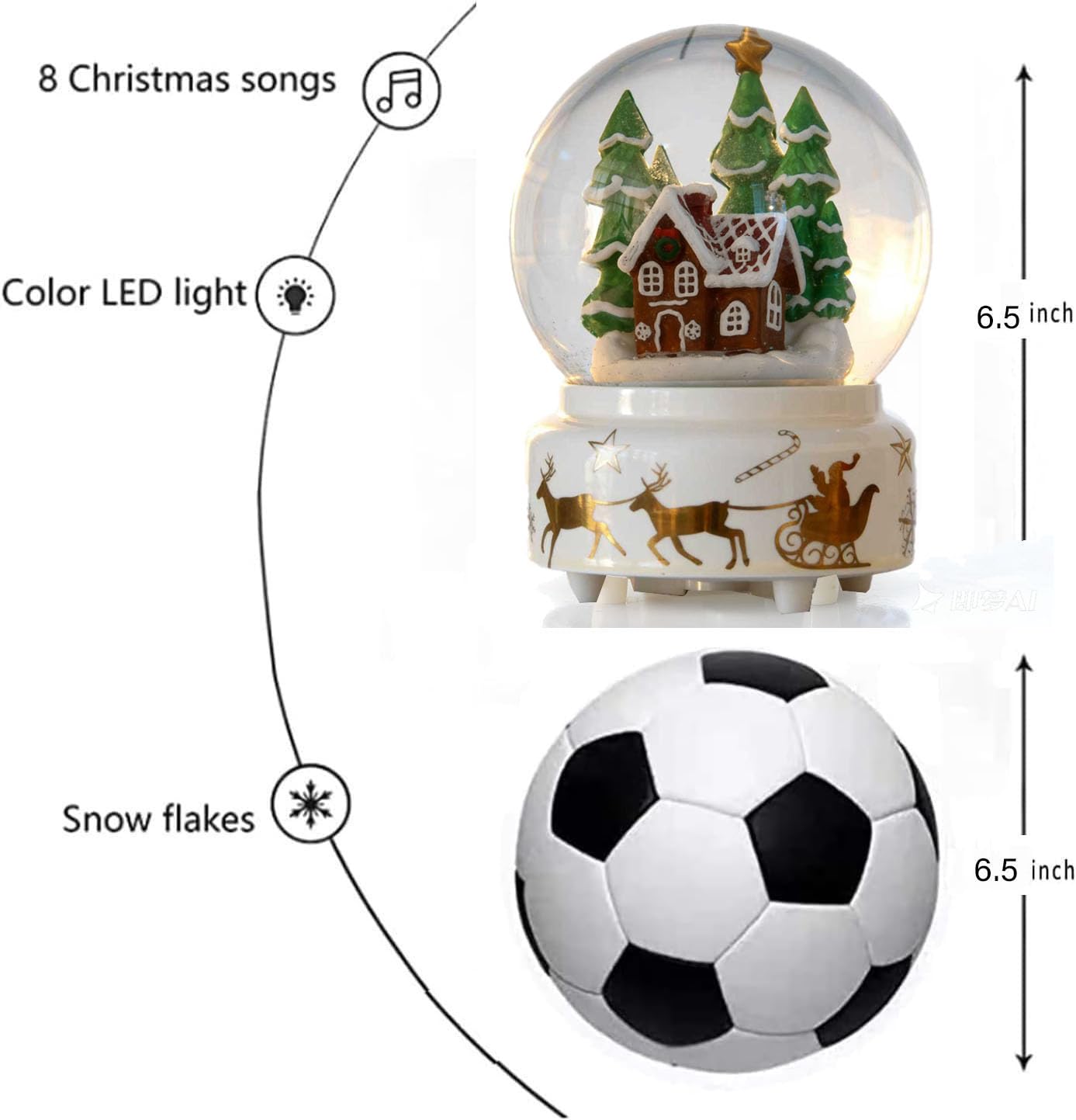 GIYBIGM 6.5Inch Height Christmas Snow Globe with Gingerbread Man House on Ceramic Base LED Light Musical Snowflakes Holiday Decoration, Holiday Home Decor, Large Illuminated Glitter Water Globe.