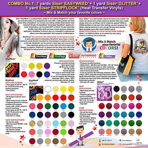 GERCUTTER Store - COMBO No.1: 7 Yards Siser EasyWeed + 1 Yard Siser Glitter + 1 Yard Siser StripFlock Heat Transfer Vinyls (Mix &amp; Match your favorite colors)