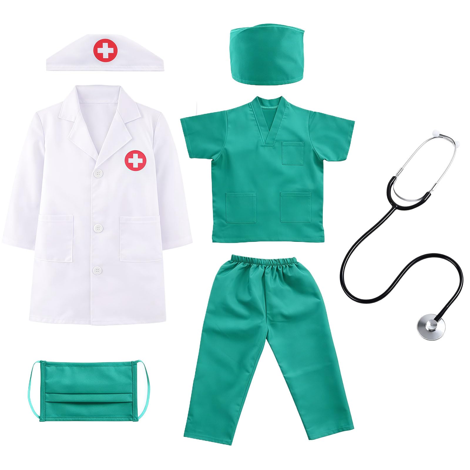 MUNSKT Green Doctors Outfit Set with Lab Coat,Doctor Role Play Costume for Boys Girls,Doctor World Book Day Costume,Doctor Costume Set with Stethoscope (120)
