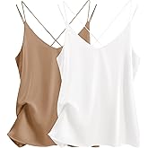 Ekouaer Womens 2-Pack Silk Satin Camisole Tank Top V Neck Sexy Cross Back Spaghetti Strap Cami Sleeveless Lounge Tops S-XXL