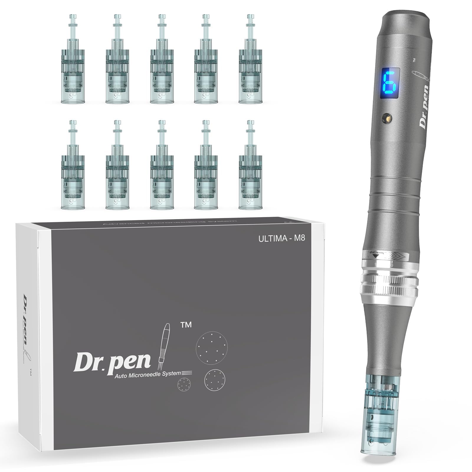 Dr.pen M8 Microneedling Pen Wireless Professional Micro Needling Pen Skin Care Tool Kit for Face and Body Auto Microneedling Device Set for Face 6 Speeds with 10 Nano Round Cartridges (UK Plug)