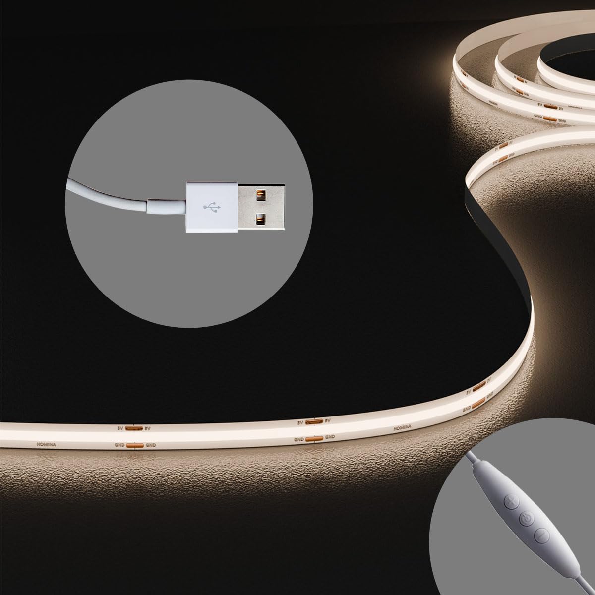 HOMINA COB LED Strip Lights with 3Key Memory Dimmer, USB 2M/6.6FT Ultra Bright 4000K, 90+ CRI LED Tape Lights, Rope Lights for Bedroom, Cabinet, Kitchen TV Backlight