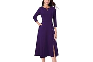 VFSHOW Womens Pleated Notch Neck Front Slit Buttons Pockets Office Business Work Slim Fit A-line Fit and Flare Midi Dress