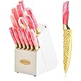 Knife Set, Non Stick Thick and Sharp Stainless Steel Kitchen Knives Set with Wood Block, 14 Pcs Cutlery Knives Block Set with Steak Knife, Bread Knife, Scissors, Chef Quality, Pink Handle, Gold Blade