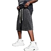 OYOANGLE Men's Vintage Jean Shorts Drawstring Waist Baggy Jorts Long Denim Shorts with Pocket Streetwear