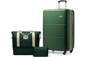 LARVENDER Luggage Sets 3 Piece, Expandable(Only 28inch) Carry On Suitcase Set Hardside ABS with Duffel Bag 360° Spinner Wheels, Durable Luggage Set Clearance For Women Men, Olive Green