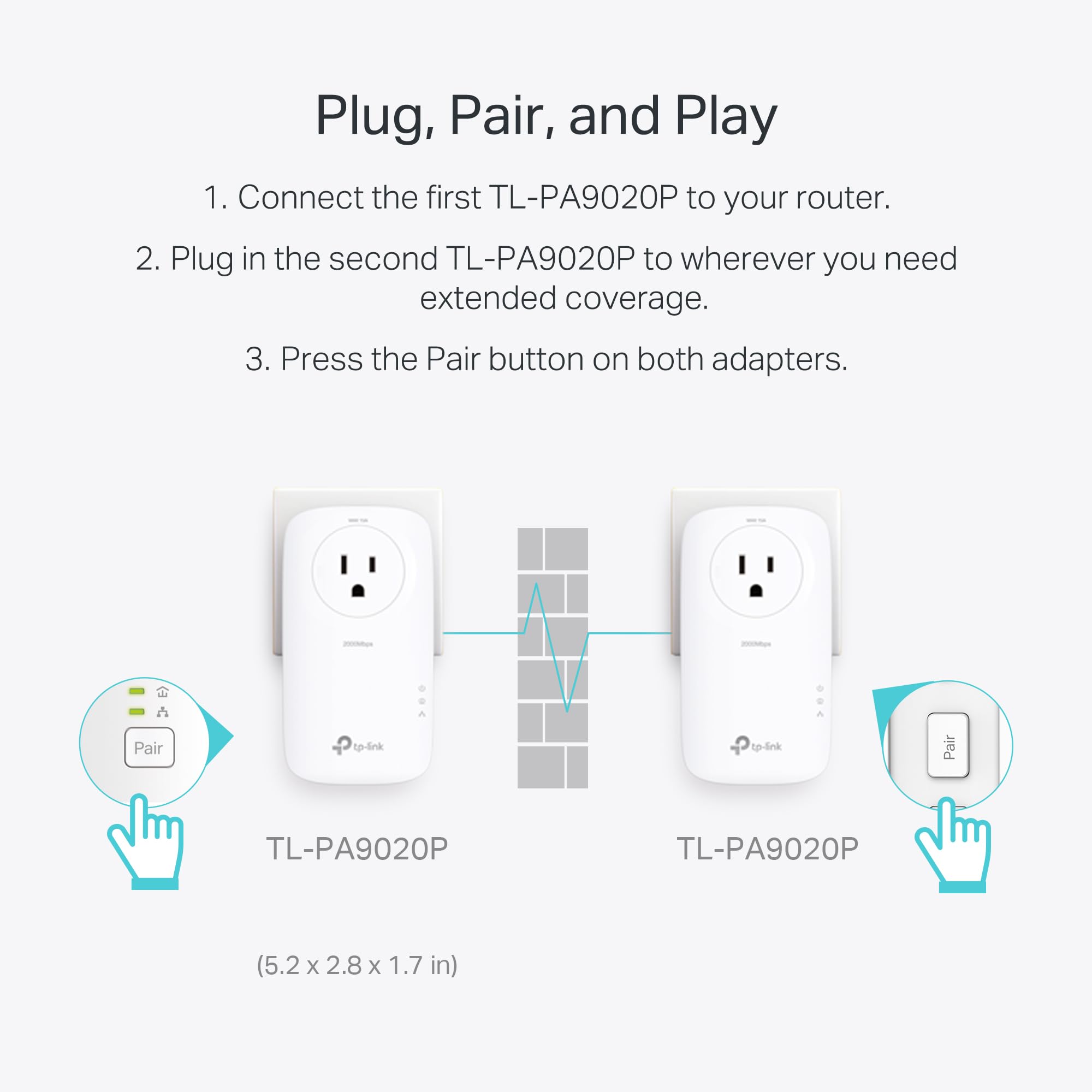 TP-Link AV2000 Powerline Ethernet Adapter TL-PA9020P KIT - Powerline Network Adapter, Passthrough, 2x2 MIMO, 2 Gigabit Ports, Ethernet Over Power, Plug Pair & Play, Power Saving, Free Expert Help