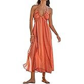 CUPSHE Women's Backless Beach Dress Halter Neck Ruffle Plunge V Neck Sleeveless Maxi Sundress Summer Dresses