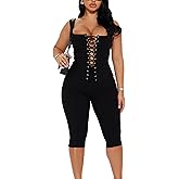 Qusuny Two Piece Sets for Women Summer Workout Set Sleeveless Sexy Tie Down Tank Top Bodycon Capri Pants Sets Club Outfits