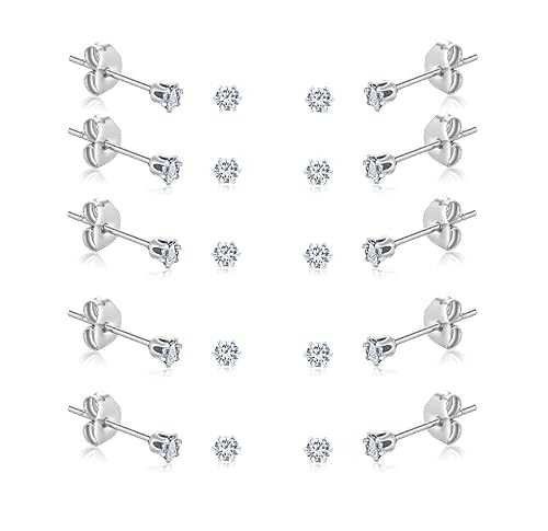 FOSIR 10 Pairs 3mm Tiny Women's Stainless Steel Round Clear Cubic