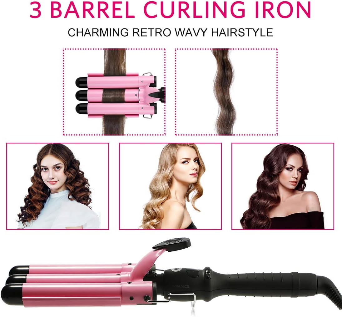 3 Barrel Curling Iron Crimper Hair Iron, 1 inch (25mm) Beach Waves Curling Iron with Temperature Adjustable Wave Wand, Crimper Hair Waver Iron Curler Hair Curler (25mm with LCD): Health & Personal Care