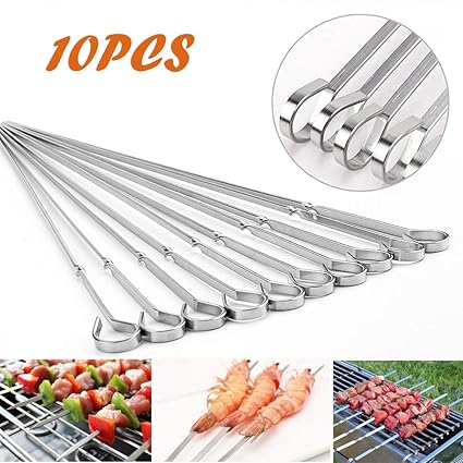 Lyeiaa Grillspieße, Edelstahl Lange Spieße Schaschlikspieße Fleischspieße für Lagerfeuer oder Grillschale, 44cm lang, 10er-Se