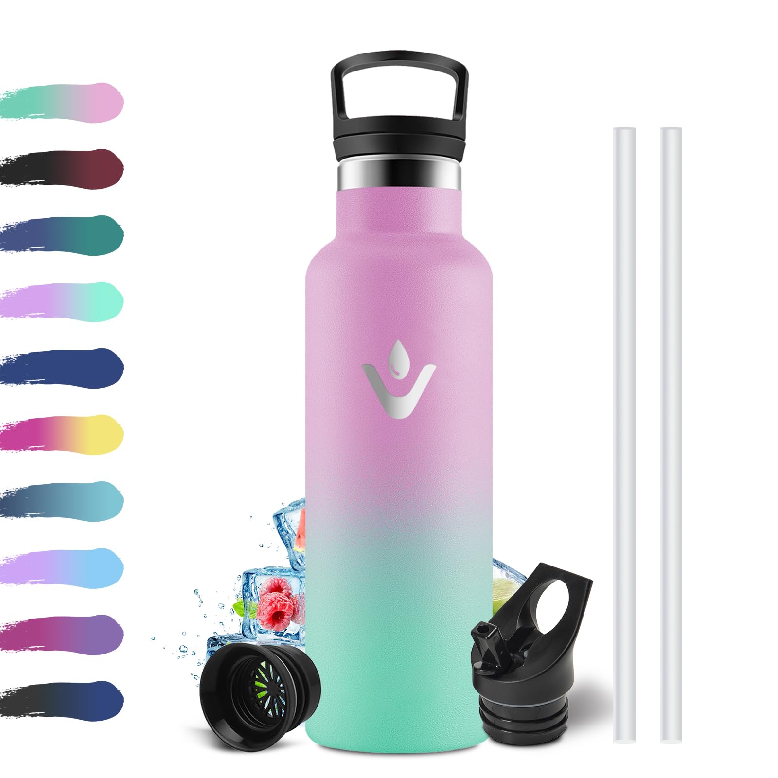 Trinkflasche Edelstahl 500ml, Auslaufsicher Thermosflasche mit Strohhalm, BPA-Frei, Kohlensäure Geeignet, Einhandöffnung, Vakuum Thermosflasche, Wasserflasche für Kinder, Sprudel, Camping, Gym