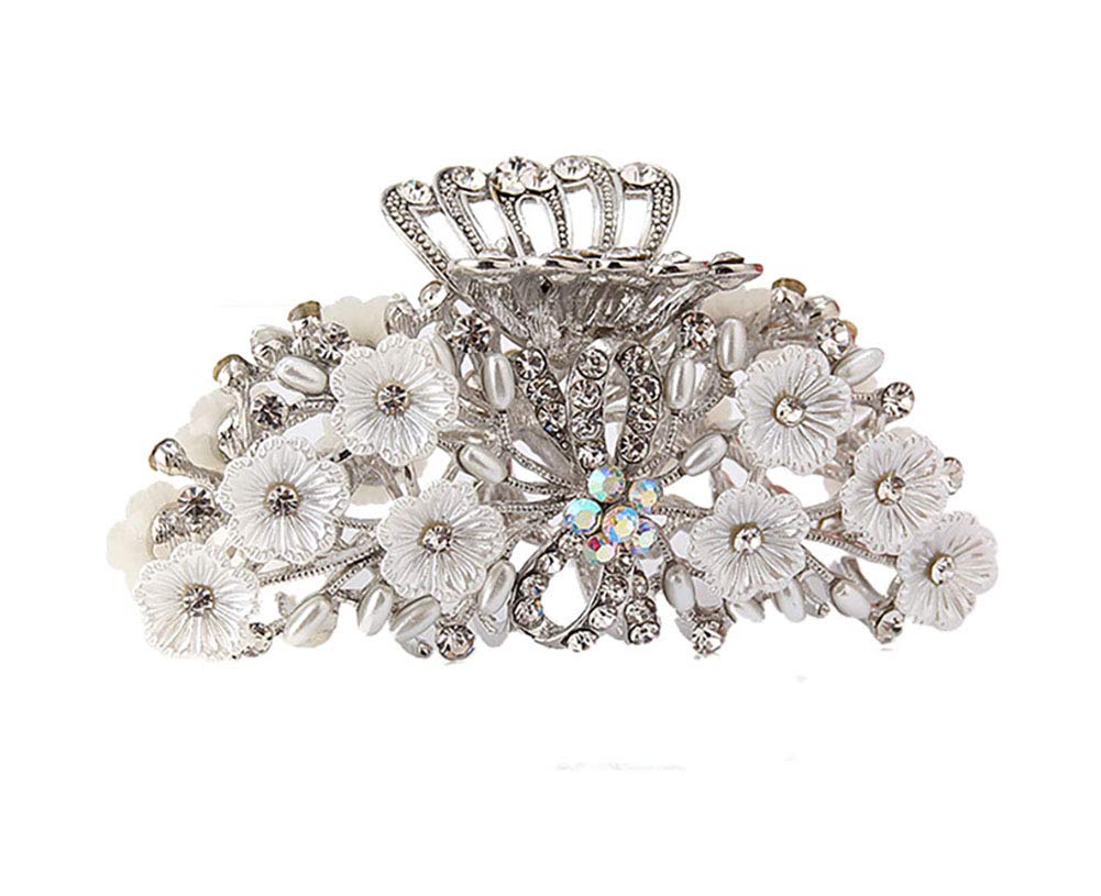 Elegant Hollow Metal Carving Hair Claw Clip Retro Imitation Pearl Jaw Clip Rhinestone Hair Clamp Hair Pin for Women (Silver - bowknot)