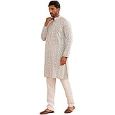 Sojanya (Since 1958 Men'S Cotton Gold Sequence Embroidered Kurta With White Churidaar Pyjama