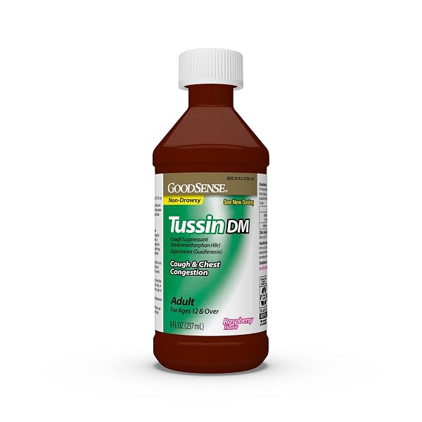 GOODSENSE TUSSIN COUGH SYRUP DM, RASPBERRY FLAVOR, EFFECTIVE RELIEF FOR COUGH AND CHEST CONGESTION, THINS MUCUS, 8 FL OZ