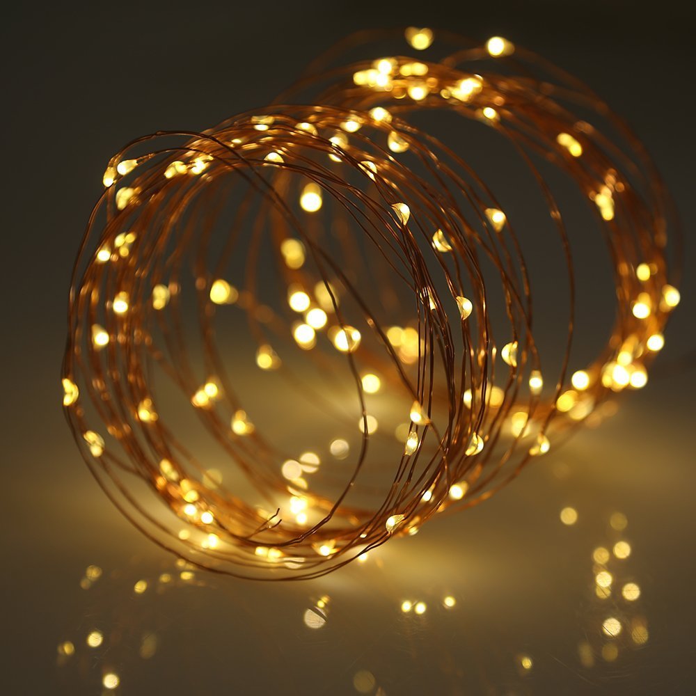 Luces decoración solares, AGM 33 ft 100 LED 10 metros luces de cadena en alambre de cobre impermeable con 8 modos de iluminación para al aire libre, jardines, casas, patios, fiesta de Navidad y todas las decoraciones