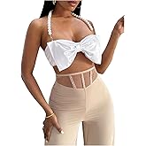 SOLY HUX Women's Pearls Beaded Halter Bow Front Cami Crop Tops Sexy Camisole