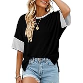 Dokotoo Womens Tops Oversized Trendy Shirts 2026 Summer Color Block Crewneck Business Casual Womens Blouses S-2XL