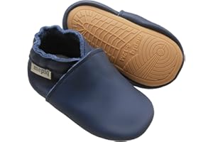 mepiq Soft Leather Slippers Baby Moccasins with Rubber Sole, Anti-Slip Infant Toddler First Walking Shoes for Boys Girls, 0-24 Months
