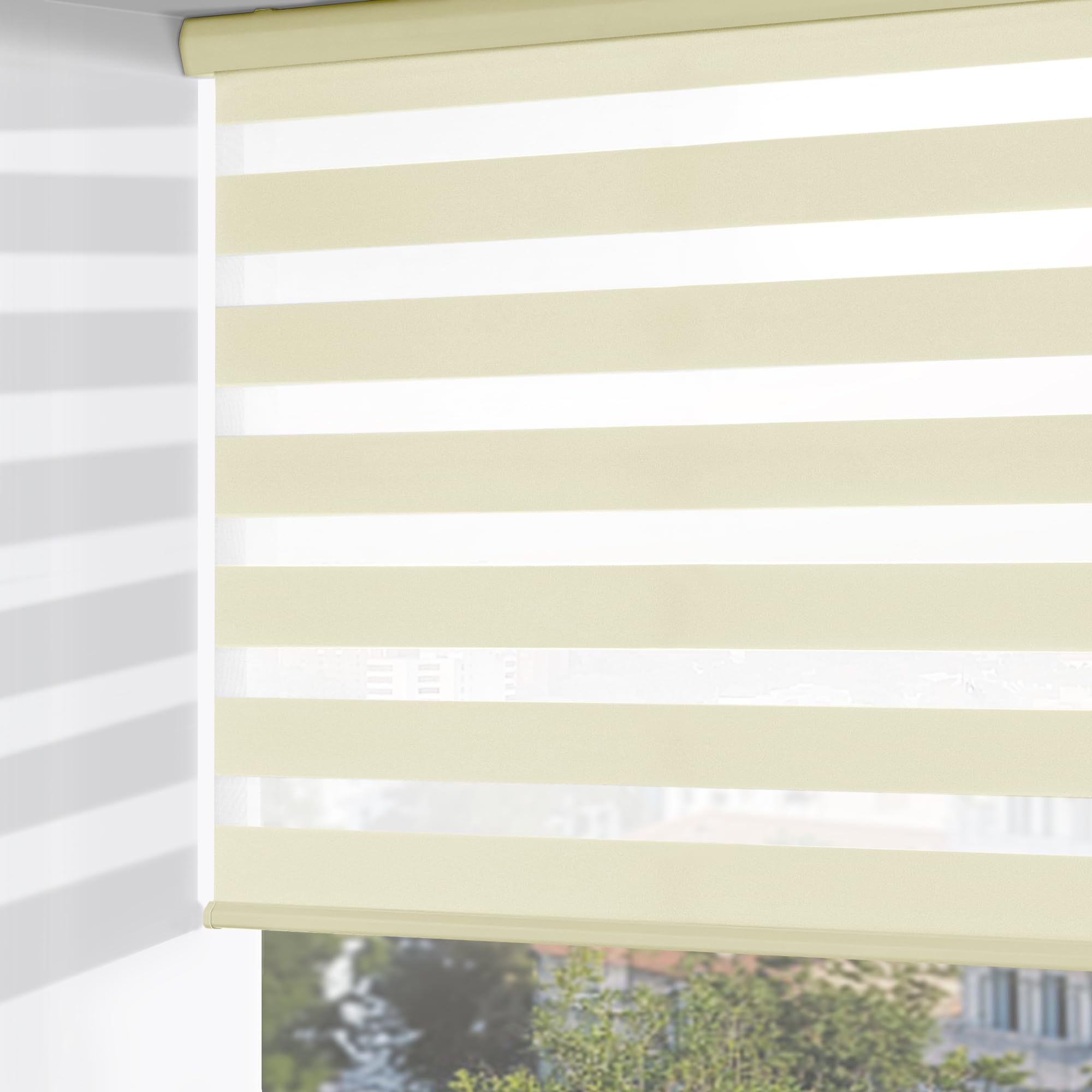 Photo 1 of ChrisDowa Cordless Zebra Blinds for Windows, Dual Layer Free-Stop Light Filtering Window Roller Shades, Pull Down Privacy Zebra Shades for Home, Office, Bedroom, Door (64" W x 72" H, Beige)