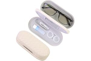 FlyingMage 2 in 1 Contact Lens Case and Eyeglasses Case for Women Men Kids, Double Sided Hard Shell Portable Glasses Travel Holder with Built-in Mirror, Contact Lens Box Storage Kit, White