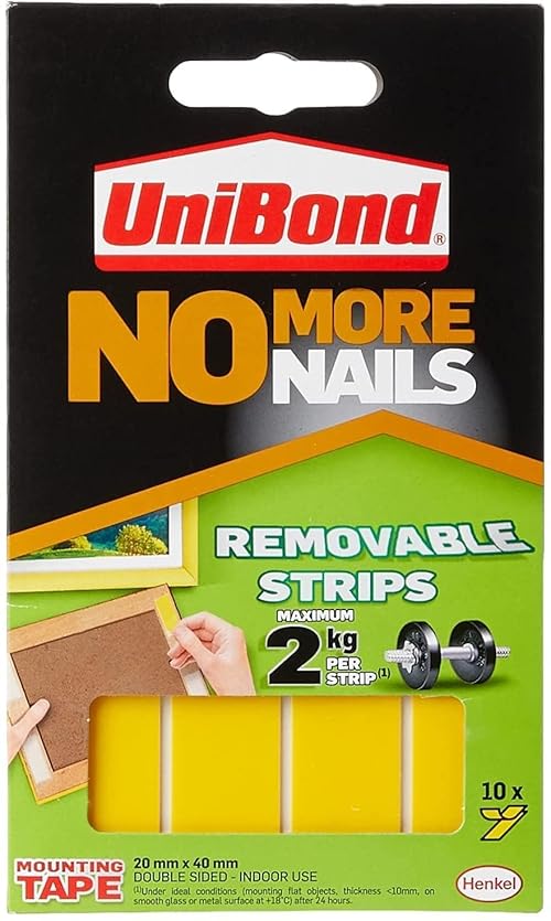 Unibond No More Nails Removable Picture Hanging Strips, Adhesive Strips for Fast, Easy Mounting, Double Sided Sticky Tape for Interior Use, Translucent Tape, Pack of 10 , Yellow