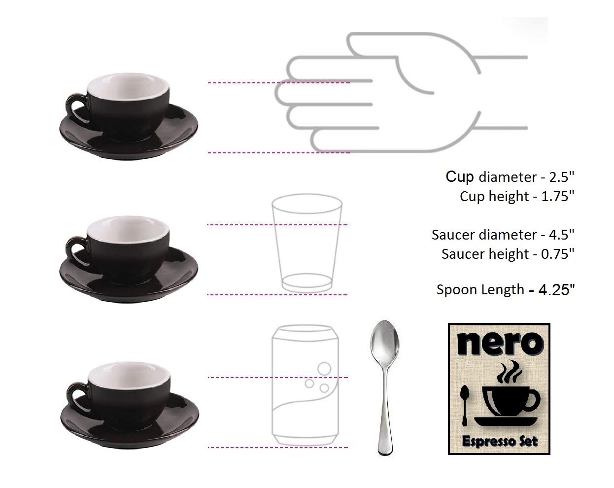 Nero - Set of 4 Modern Porcelain Black and White Espresso/Demitasse 3.2 Ounce Cups, Saucers, Stainless Steel Spoons, Tableware for Brunch, Dinner, Coffee and Dessert. By Equip