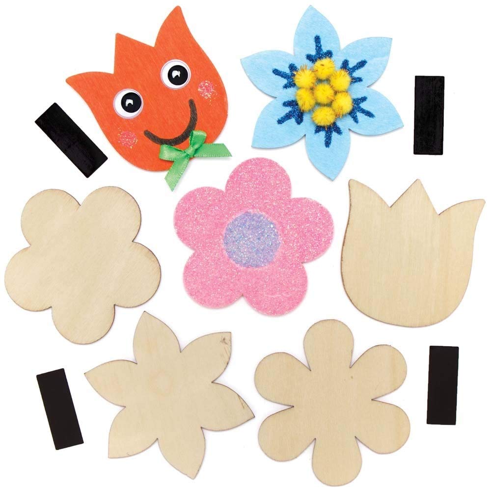 Baker Ross Flower Wooden Magnets - Pack of 12, Crafts For Kids (AX870)