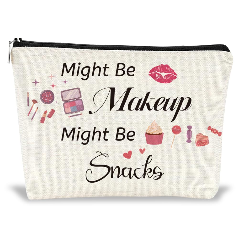 GOMAKERER Zipper Makeup Bags, Might Be Makeup Might Be Snacks Portable Travel Cosmetic Bag Personalized Travel Toiletry Pouch Clutch Bags Accessory Organizer for Women Girls Gifts, 25x18x5cm