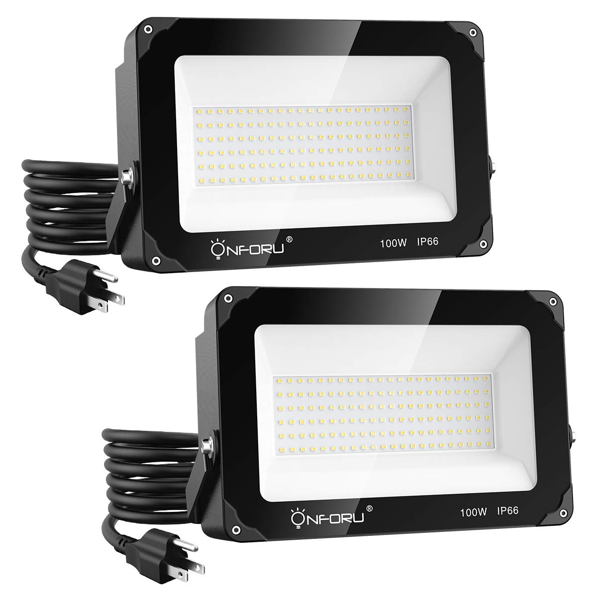 Onforu 2 Pack 100W LED Flood Light with Plug, 10000lm Super Bright LED Work Light, IP66 Waterproof Outdoor Security Lights, 5000K Daylight White Floodlight for Yard, Garden, Patio, Playground