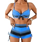 EHSUYAB Women High Waisted Molded Cup Bikini Sets, Underwire Push Up Striped Swimsuits, Bathing Suit with Boy Shorts 2 Piece