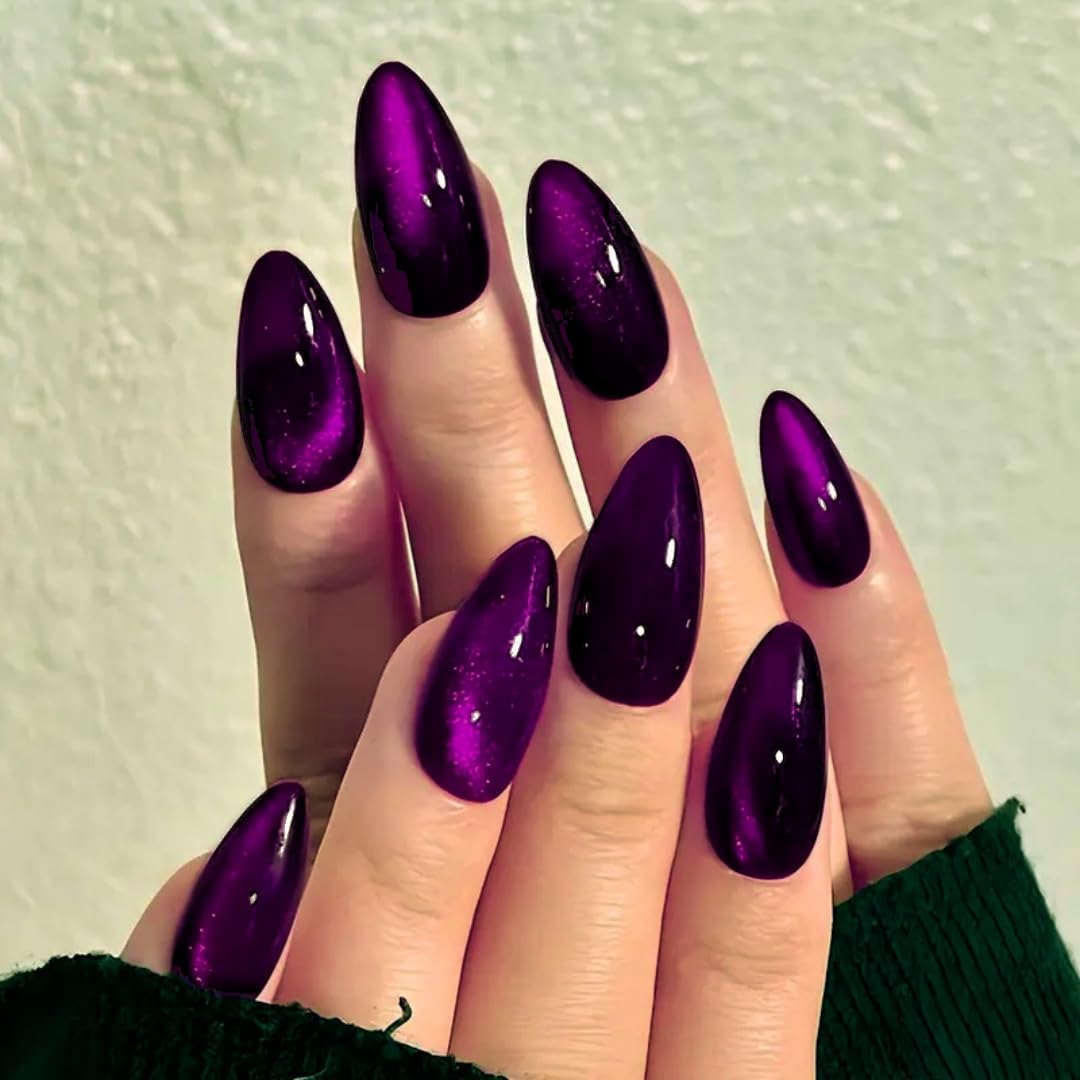 KQueenest Cat Eye Press on Nails Almond Medium, Glazed Glitter Purple Black False Nails Medium, Shiny Bling Acrylic Fake Nails Set Gothic Sparkly Stick on Nail for Women Holiday Finger Wear 30 Pcs