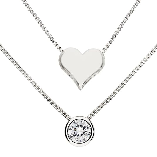 MYA art Damen Halskette Collier 925 Sterling Silber Doppel Mehrreihige Zwei Kette Herz mit einem Solitär Strass Steinchen Anh