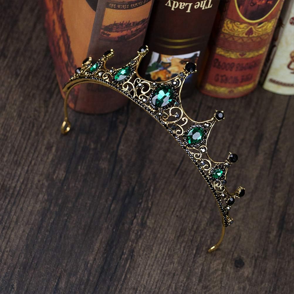 Lurrose Green Crystal Crown Golden Tiara with Black Rhinestone Decor Baroque Bridal Jewelry, Golden,Green,Black - Image 4