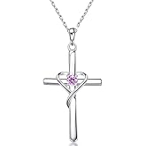 AmorAime 925 Sterling Silver Cross Necklace for Women Men 14K Gold Plated 5A CZ Birthstone Necklaces for Holiday