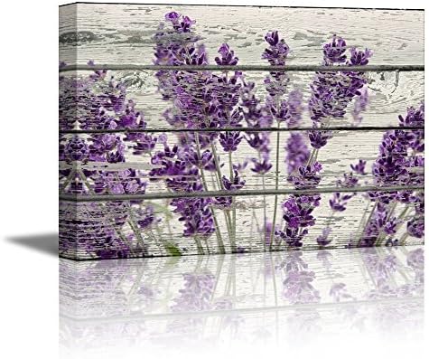 Rustic Home Decor Canvas Wall Art - Retro Style Purple Lavender Flowers on Vintage Wood Background Modern Living Room/Bedroom Decoration Stretched and Ready to Hang - 16" x 24"