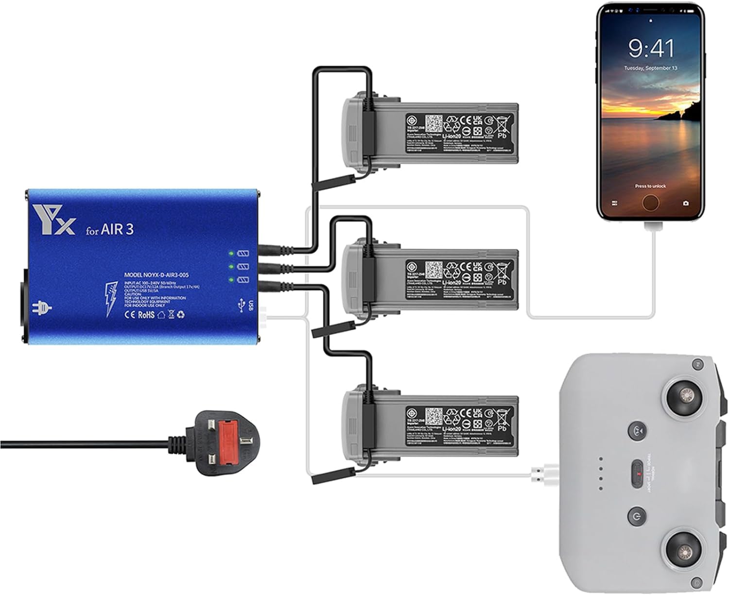 Yangers Multi Battery Charger Charging Hub for DJI Air 3 / 3S Drone(not for Dji Air 2/Air), Smart Parallel Dock Station for 3 Flight Batteries 1 Remote Controller 1 Smartphone